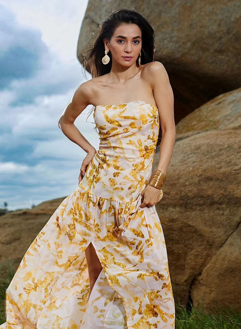 Women's Mustard Yellow Blurry Bandeau Dress