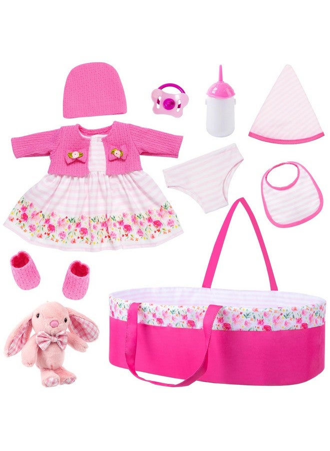 Ecore Fun 10 Pcs Baby Doll Clothes With Bassinet For 17-22 Inch Baby Doll, Baby Doll Reborn Outfit Clothes Accessories Including Bib Nursing Bottle Rubber Pacifier Hat With Peony Pattern - Image 1