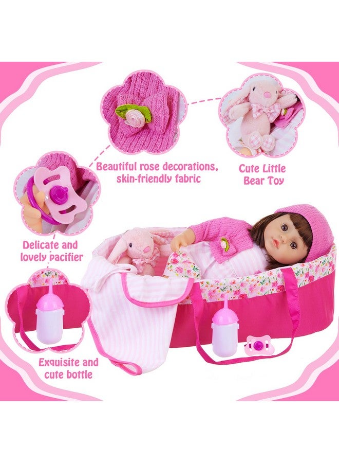 Ecore Fun 10 Pcs Baby Doll Clothes With Bassinet For 17-22 Inch Baby Doll, Baby Doll Reborn Outfit Clothes Accessories Including Bib Nursing Bottle Rubber Pacifier Hat With Peony Pattern - Image 4