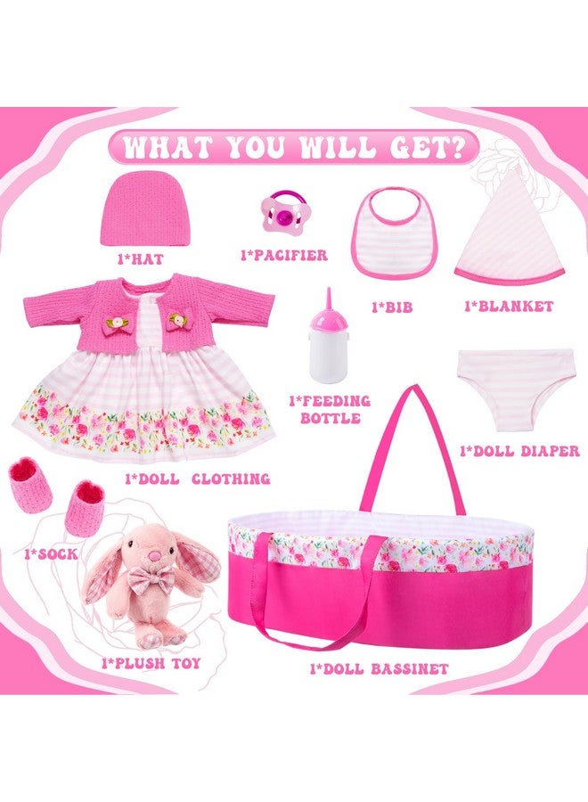 Ecore Fun 10 Pcs Baby Doll Clothes With Bassinet For 17-22 Inch Baby Doll, Baby Doll Reborn Outfit Clothes Accessories Including Bib Nursing Bottle Rubber Pacifier Hat With Peony Pattern - Image 2