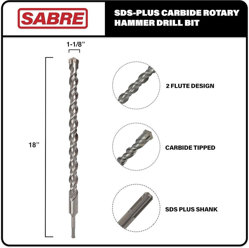 Sabre Tools 1-1/8 Inch x 18 Inch SDS Plus Rotary Hammer Drill Bit, Carbide Tipped for Brick, Stone, and Concrete (1-1/8" x 16" x 18") - Image 1