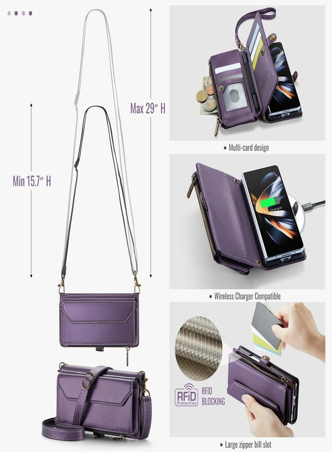 Asuwish Phone Case for Samsung Galaxy Z Fold 4 5G 2022 Zipper Wallet Cover with S Pen and Leather Flip RFID Blocking Credit Card Holder Cell Accessories ZFold4 Z4 Fold4 4Z ZFold45G Women Girls Purple - Image 4