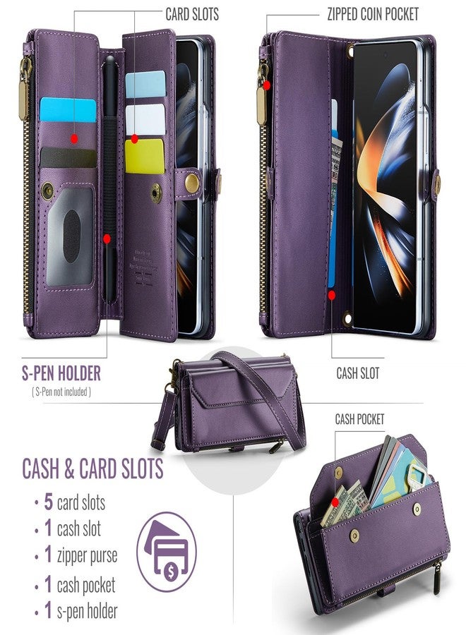 Asuwish Phone Case for Samsung Galaxy Z Fold 4 5G 2022 Zipper Wallet Cover with S Pen and Leather Flip RFID Blocking Credit Card Holder Cell Accessories ZFold4 Z4 Fold4 4Z ZFold45G Women Girls Purple - Image 3