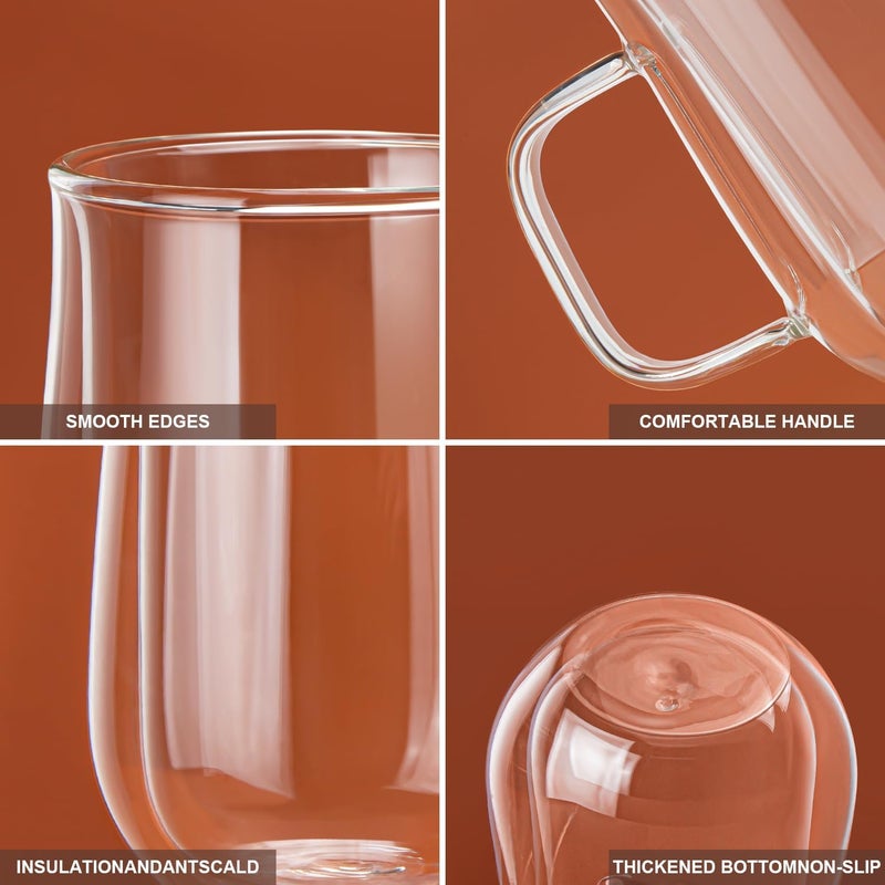 COMOME Double Walled Glass Coffee Mugs 16 OZ, Borosilicate Glass Coffee Cups Set of 2 with Spoons, Insulated Clear Coffee Mug for Hot Beverages, Cappuccino, Latte, Tea Bag. - Image 5