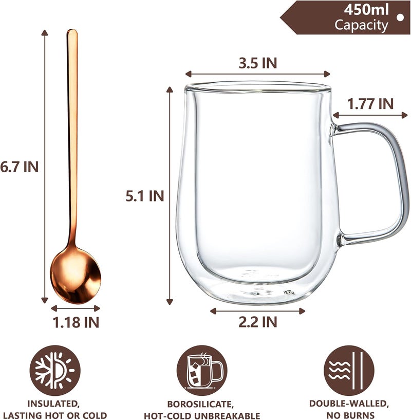 COMOME Double Walled Glass Coffee Mugs 16 OZ, Borosilicate Glass Coffee Cups Set of 2 with Spoons, Insulated Clear Coffee Mug for Hot Beverages, Cappuccino, Latte, Tea Bag. - Image 2