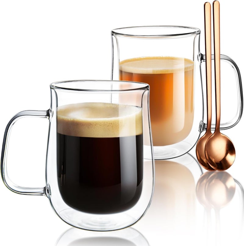 COMOME Double Walled Glass Coffee Mugs 16 OZ, Borosilicate Glass Coffee Cups Set of 2 with Spoons, Insulated Clear Coffee Mug for Hot Beverages, Cappuccino, Latte, Tea Bag. - Image 1