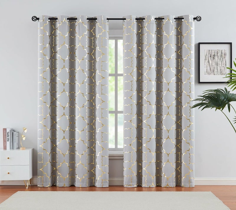 Foil Gold Blackout Window Curtains for Bedroom Living Room 95inch Long Modern Metallic Print Thermal Insulated Drapes Privacy Protection Window Treatment Sets Grommet Top 2 Panels Grey