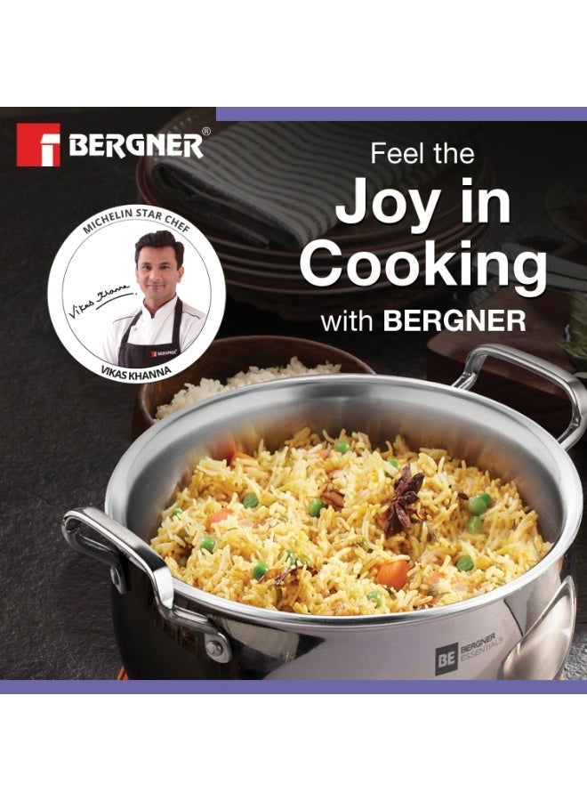 بيرجنر طقم أواني طهي الأرز من بيرجنر بي إي إسينشالز، ثلاثي الطبقات، مصنوع من الفولاذ المقاوم للصدأ، مكون من 3 قطع - 16 سم / 2 لتر، 18 سم / 3.2 لتر، 20 سم / 4.2 لتر، مع 3 أغطية زجاجية مسطحة، يقلل من استهلاك الزيت، ويوزع الحرارة بالتساوي - قاعدة مناسبة للاستخدام على المواقد الحثية والغازية - Image 3