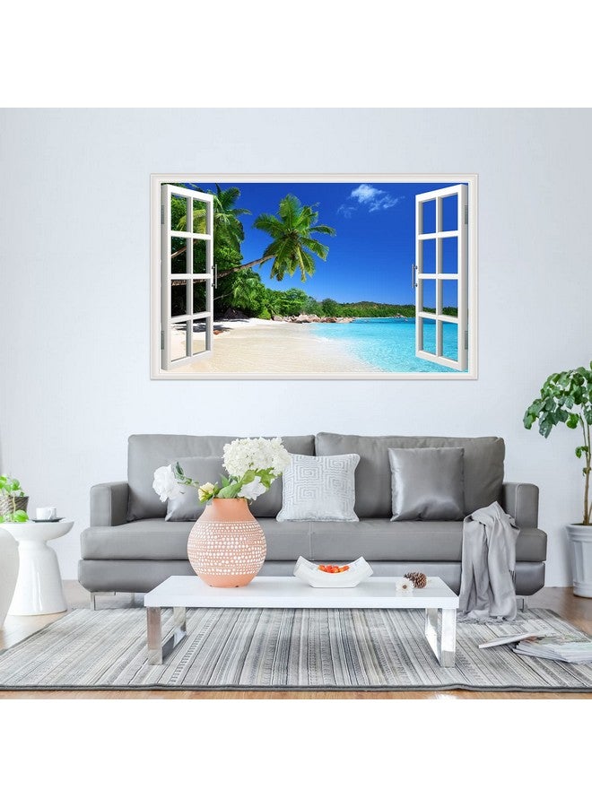 Amtoodopin 3D Beach Fake Window Wall Stickers Tropical Island with Palm Trees Wall Mural Window View Wall Decor for Home - Image 5