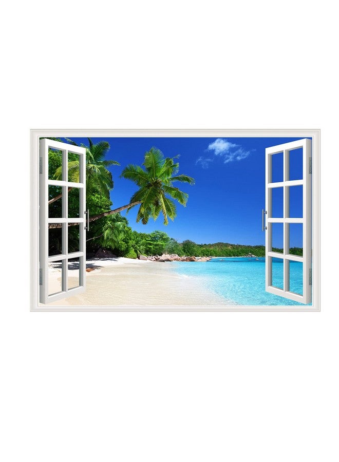 Amtoodopin 3D Beach Fake Window Wall Stickers Tropical Island with Palm Trees Wall Mural Window View Wall Decor for Home - Image 1