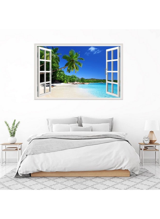 Amtoodopin 3D Beach Fake Window Wall Stickers Tropical Island with Palm Trees Wall Mural Window View Wall Decor for Home - Image 2