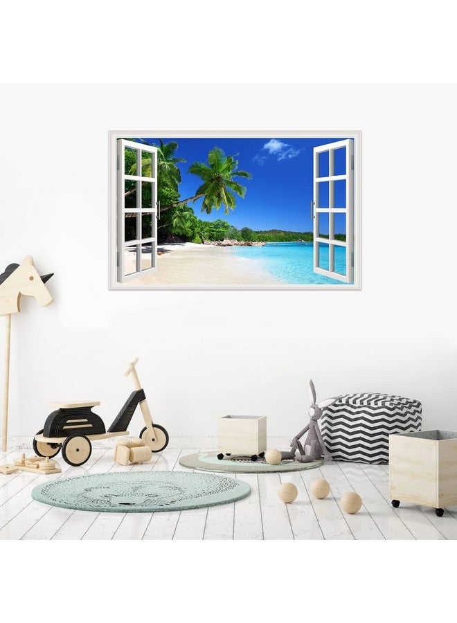 Amtoodopin 3D Beach Fake Window Wall Stickers Tropical Island with Palm Trees Wall Mural Window View Wall Decor for Home - Image 3