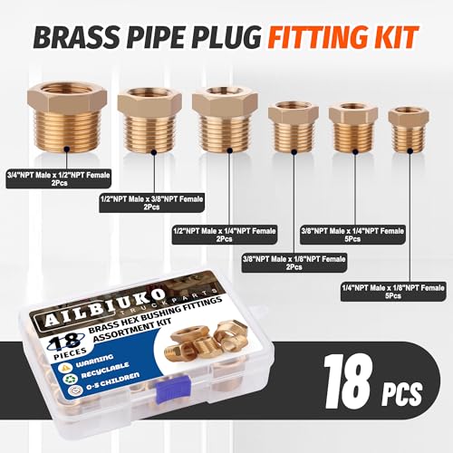 Ailbiuko 18PCS Brass Hex Bushing Fitting Kit,1/4" - 1/8", 3/8" - 1/8",3/8" - 1/4",1/2" - 1/4",1/2" - 3/8",3/4" - 1/2" NPT Pipe Fittings - Image 2