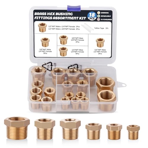 Ailbiuko 18PCS Brass Hex Bushing Fitting Kit,1/4" - 1/8", 3/8" - 1/8",3/8" - 1/4",1/2" - 1/4",1/2" - 3/8",3/4" - 1/2" NPT Pipe Fittings - Image 1