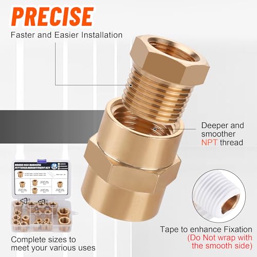 Ailbiuko 18PCS Brass Hex Bushing Fitting Kit,1/4" - 1/8", 3/8" - 1/8",3/8" - 1/4",1/2" - 1/4",1/2" - 3/8",3/4" - 1/2" NPT Pipe Fittings - Image 4