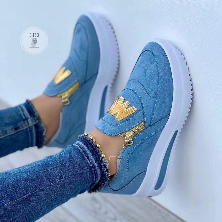 Autumn new 2024 foreign trade cross-border plus size sports shoes side zipper flat solid color ladies leisure sneaker Blue