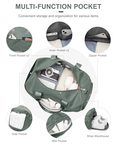 livbote Gym Bag for Women Men, Sport Duffel Bag with Toiletry Bag & Shoe Compartment,Waterproof Travel Weekender Overnight Carry on Bag for Yoga with Trolley Sleeve, Green Set - Image 4