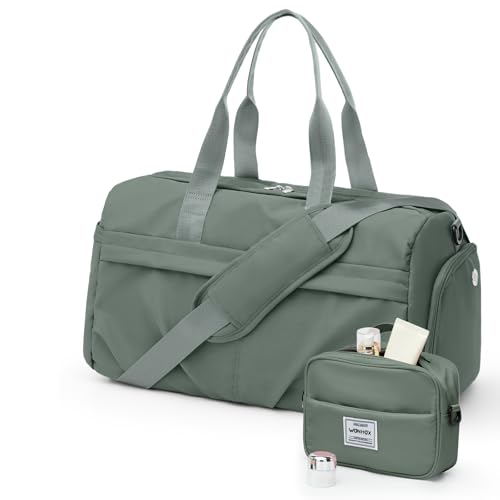 livbote Gym Bag for Women Men, Sport Duffel Bag with Toiletry Bag & Shoe Compartment,Waterproof Travel Weekender Overnight Carry on Bag for Yoga with Trolley Sleeve, Green Set - Image 1
