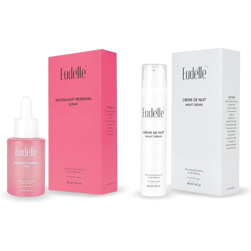 Eudelle Moonlight Renewal Serum  Crmedenuit Night Cream  Antiaging  Wrinkle  fine line reduction  Deeply hydrates  Brightens  Improves skin elasticity  Antioxidant protection  Boosts collagen  30ml  50ml - Image 1