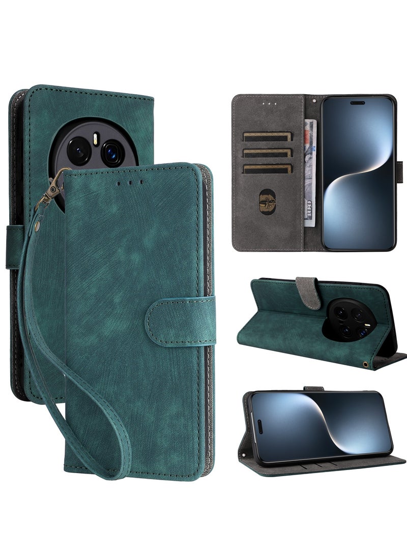 For Honor Magic 7 Pro Cover with Hand Strap, PU Leather Full Body Protection Shockproof Flip Mobile Cover, RFID Anti-theft Brush Folio Wallet Case