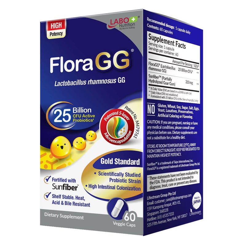 مكمل بروبيوتيك LABO Nutrition FloraGG لكتيريا Lactobacillus Rhamnosus GG 25 مليار CFU مع ألياف Sunfiber البريبايوتيك لدعم صحة الأمعاء والجهاز المناعي، إطلاق مؤجل، خالي من الغلوتين 60 حبة