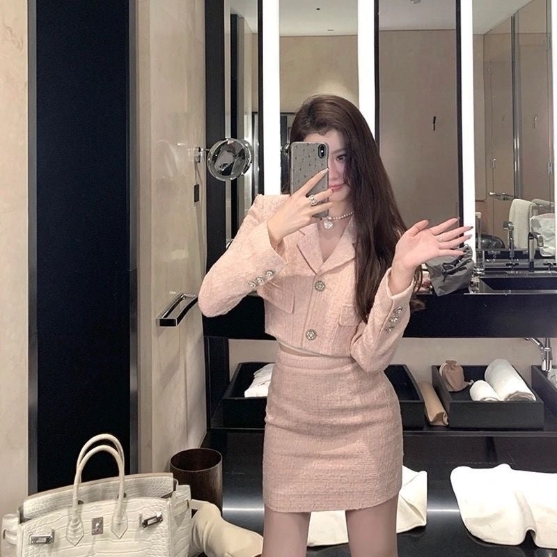 Socialite Styletweed Short Jacket Suit Cropped Pink Tweed Jacket High-waisted Slimming Skirt For Women Korean Style Pink skirt [single piece] 