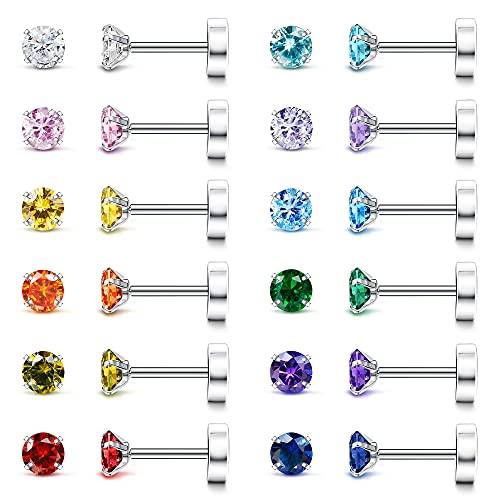 Fansilver 20G Hypoallergenic Flat Back Earrings for Women Men Silver 14K Gold Stainless Steel Stud Earrings Brithstone Cubic Zirconia Studs Surgical Steel Cartilage Earrings for Sensitive Ears - Image 1