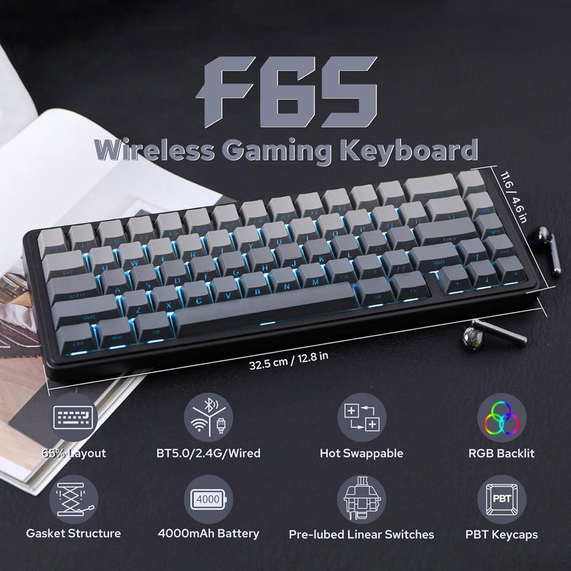 EPOMAKER x AULA F65 65% Wireless Mechanical Keyboard, Hot Swappable Gasket Custom Gaming Keyboard with Five-Layer Padding, RGB Backlit, Bluetooth/2.4GHz/USB-C (Black, Graywood V3 Switch) - Image 2