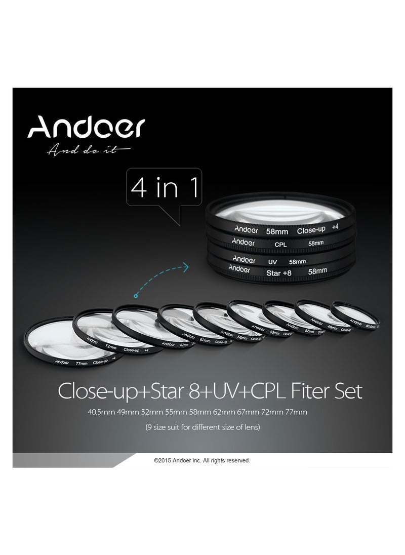 مجموعة فلتر دائري من Andoer 58 مم UV+CPL+Close-Up+4 +Star 8-Point Filter مع حقيبة لكاميرات Nikon Canon Pentax Sony DSLR