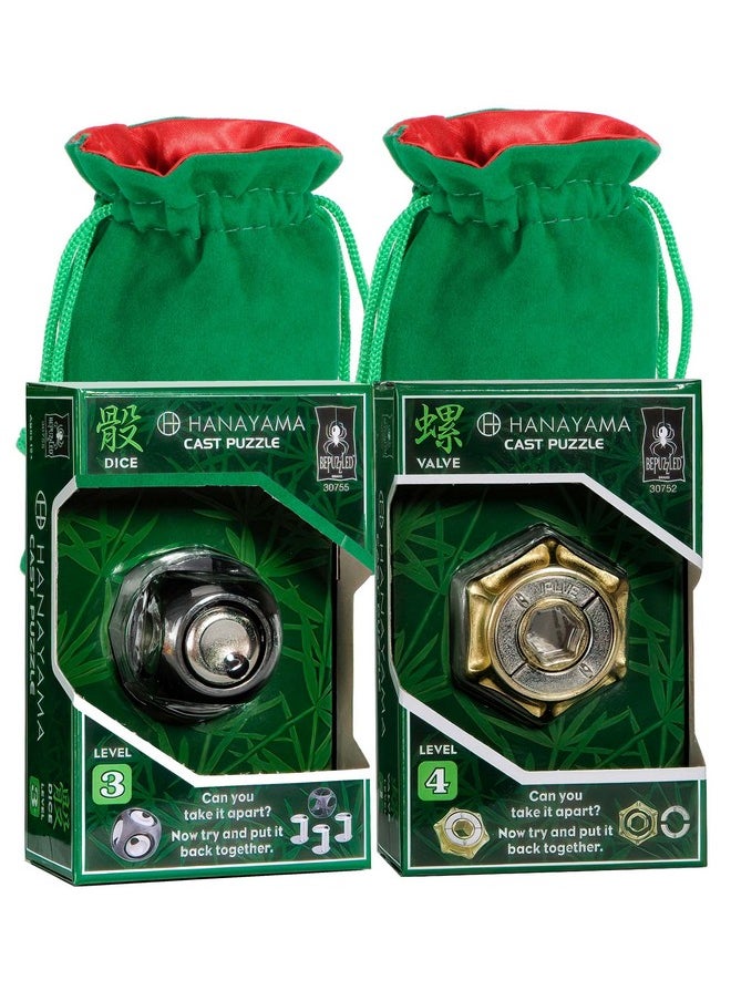 Deluxe Games and Puzzles Dice And Valve Hanayama, New 2022 Releases, Metal Brain Teaser Puzzles, 2 Green Velveteen/Red Satin Lined Drawstring Pouches, Bundled, New 2022 Releases  - Image 1