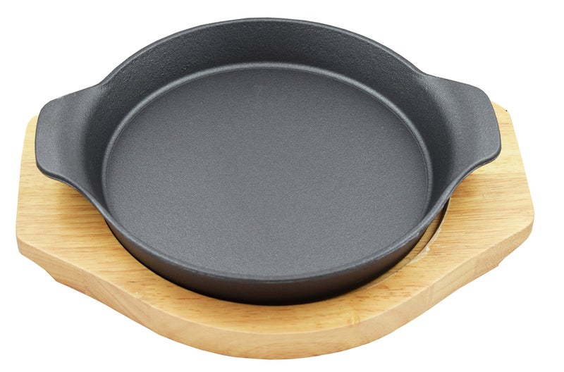 SUNRISE Kitchen Supply Round Cast Iron wHandles and Rubberwood Underliner Set 8