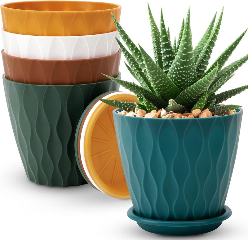 YNNICO 6 inch Plant Pots, 5 Pack Flower Pots Outdoor Indoor, Planters with Drainage Holes and Tray Saucersï¼ˆMulticolorï¼‰ - Image 1