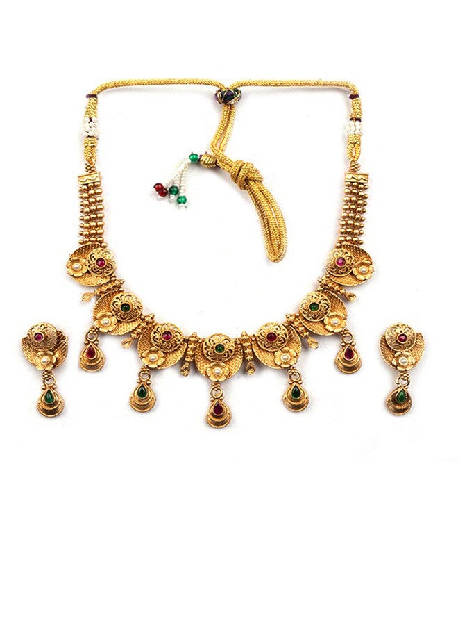 StileAdda Gold-Plated Stone-Studded Kempu Jewellery Set with Necklace and Earrings - Image 2