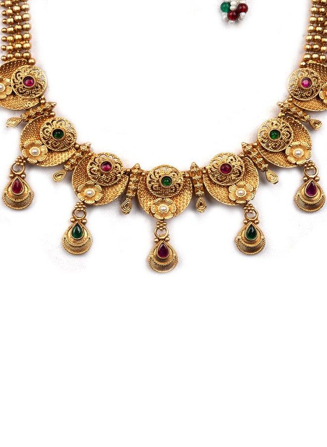 StileAdda Gold-Plated Stone-Studded Kempu Jewellery Set with Necklace and Earrings - Image 3