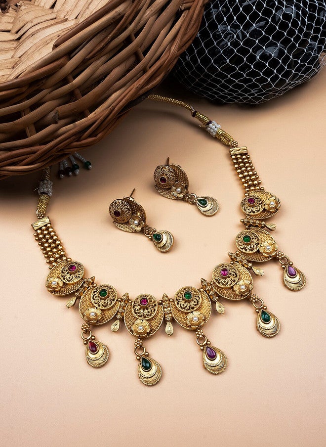 StileAdda Gold-Plated Stone-Studded Kempu Jewellery Set with Necklace and Earrings - Image 1