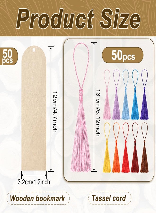 HAPY SHOP 50 PCS Wooden Bookmarks with 50 PCS Multi-Color Tassels,4.7x1.2 in Blank Bookmark DIY Bookmarks,Book Mark Craft for Christmas, Valentine’s Day, Birthdays - Image 2