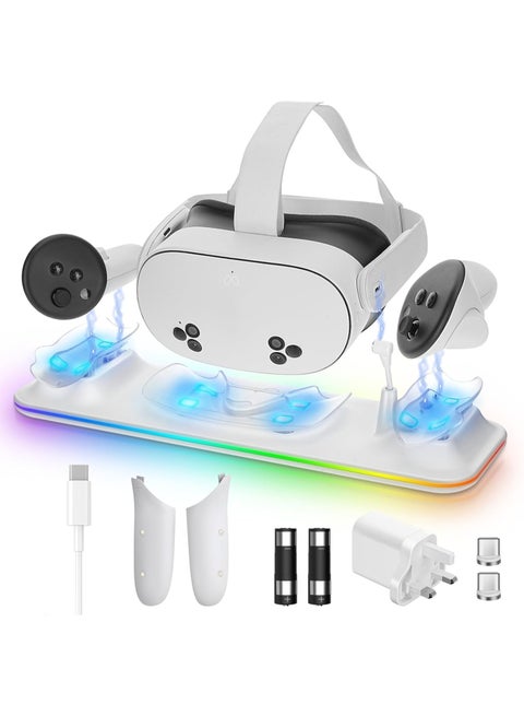 Charging Dock with RGB Light for Meta Quest 3s, Charging Stand for VR Headset & Controllers, Quest 3S Accessories with 2 Rechargeable Batteries