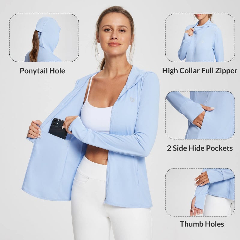 baleaf Women's SPF Jacket Sun Shirt UV Protection Hoodie Zip Up Long Sleeve Hooded Summer Clothing Running Hiking Kentucky Blue L - Image 4