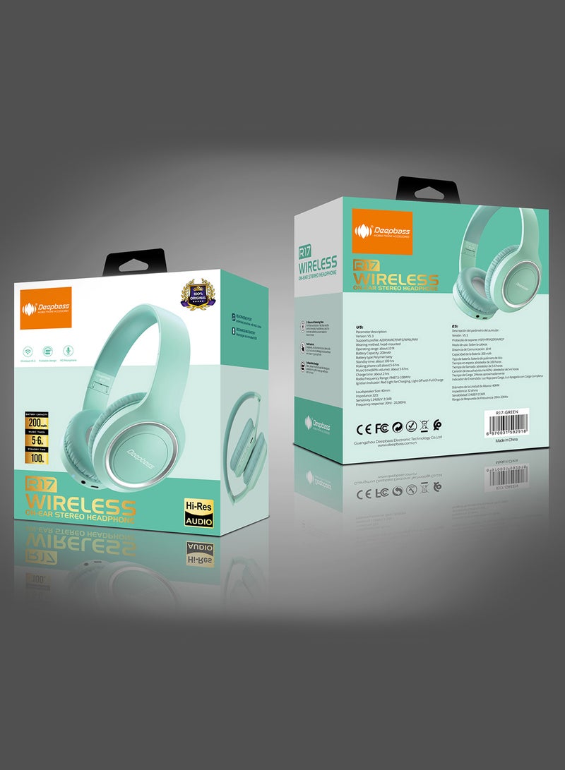 Deepbass سماعات رأس لاسلكية فوق الأذن R17 عالية الدقة - 5.6 ساعة تشغيل، 100 ساعة في وضع الاستعداد، صوت بجودة استوديو - أخضر - Image 2