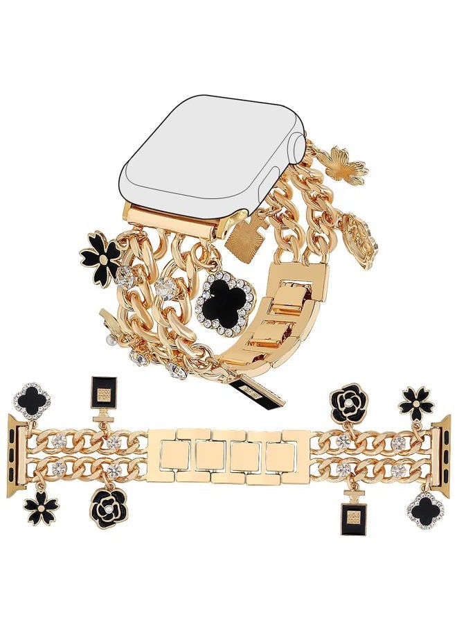 YONWORTH Cuban Chain Band Compatible with Apple Watch Bands 38/40/41mm Women,Bling Diamond Chain Dressy Metal Wristband with Cute Charms Pendants for iWatch Series 9 8 7 6 5 4 3 2 SE(38MM,A1-Gold - Image 1