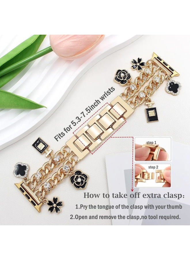 YONWORTH Cuban Chain Band Compatible with Apple Watch Bands 38/40/41mm Women,Bling Diamond Chain Dressy Metal Wristband with Cute Charms Pendants for iWatch Series 9 8 7 6 5 4 3 2 SE(38MM,A1-Gold - Image 2