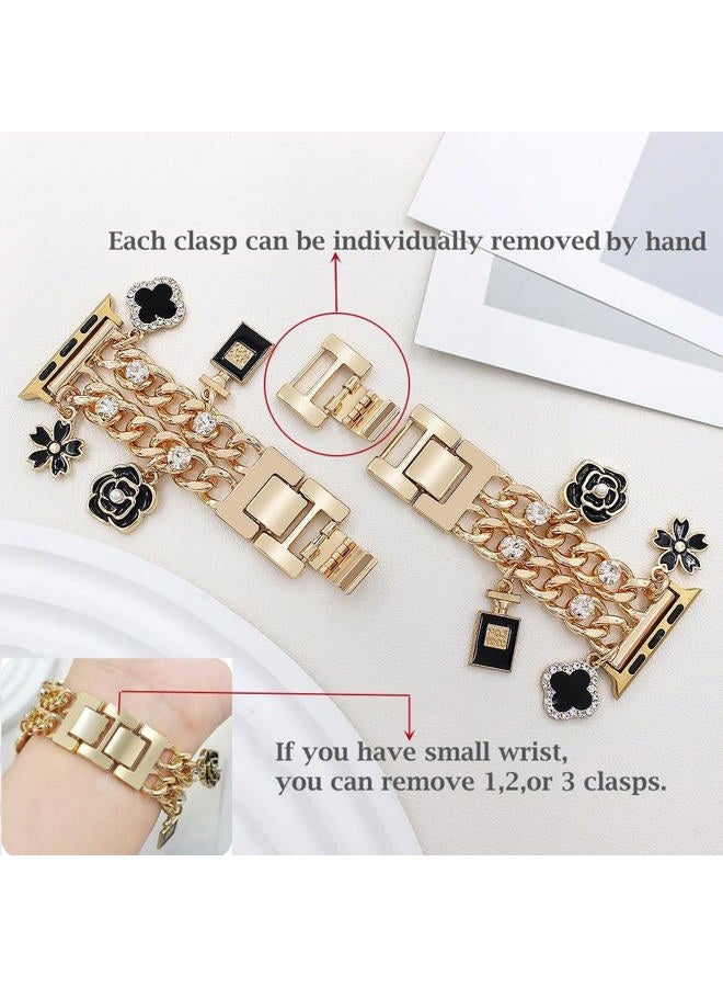 YONWORTH Cuban Chain Band Compatible with Apple Watch Bands 38/40/41mm Women,Bling Diamond Chain Dressy Metal Wristband with Cute Charms Pendants for iWatch Series 9 8 7 6 5 4 3 2 SE(38MM,A1-Gold - Image 3