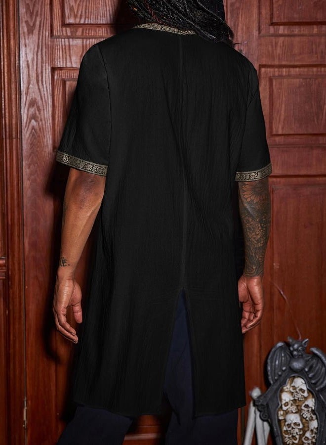 Runcati Mens Medieval Pirate Costume Tunic Renaissance Knight Warrior Viking LARP Halloween Tops A-Black - Image 3