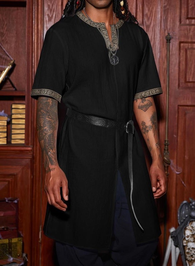 Runcati Mens Medieval Pirate Costume Tunic Renaissance Knight Warrior Viking LARP Halloween Tops A-Black - Image 2