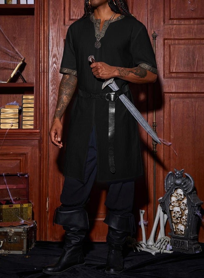 Runcati Mens Medieval Pirate Costume Tunic Renaissance Knight Warrior Viking LARP Halloween Tops A-Black - Image 4