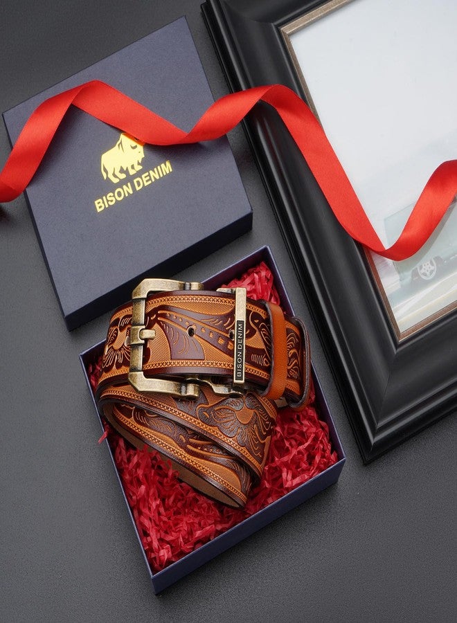 BISON DENIM Men's Genuine Leather Belt, Classic Western Cowboy Dress Belts, Heavy Duty Buckle Jeans Casual Handmade Belt - Image 5