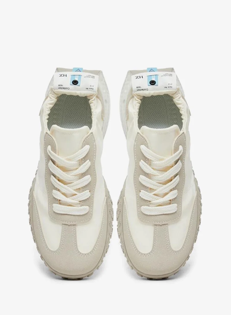 Take Two Cream Take Two Women Printed Panel Stretch-Lace Sneakers for Women | Best Price UAE