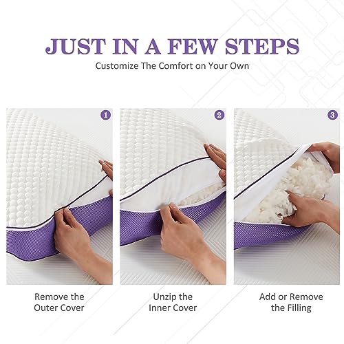 HOMELAB Adjustable Shredded Memory Foam Pillow Queen Size, Cooling Bed Pillow for Sleeping with Removable Cover, Medium Pillow for Side Stomach & Back Sleepers, 1 Pack 20"x28" - Image 5