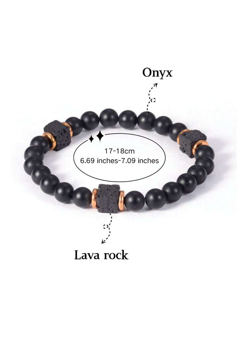 Men's Black Onyx & Volcanic Lava Stone Bracelet - Elastic Stretch (17-18cm) - Stylish & Spiritual Jewelry Gift for Him, Dad, Husband, Boyfriend, Son - Image 1