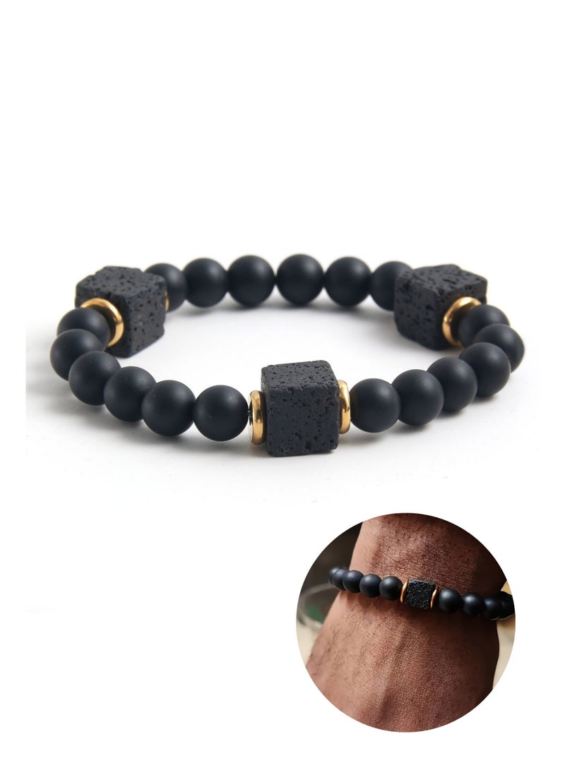 Men's Black Onyx & Volcanic Lava Stone Bracelet - Elastic Stretch (17-18cm) - Stylish & Spiritual Jewelry Gift for Him, Dad, Husband, Boyfriend, Son - Image 4